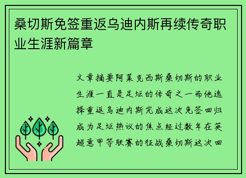 桑切斯免签重返乌迪内斯再续传奇职业生涯新篇章